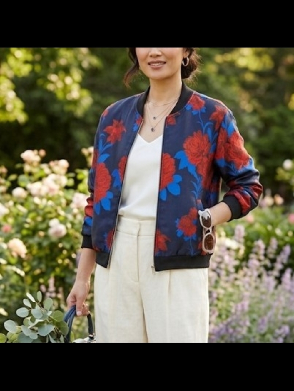 Endless Rose Navy Bomber Jacket with Red & Blue Floral Print (Sz S) Floral Chic